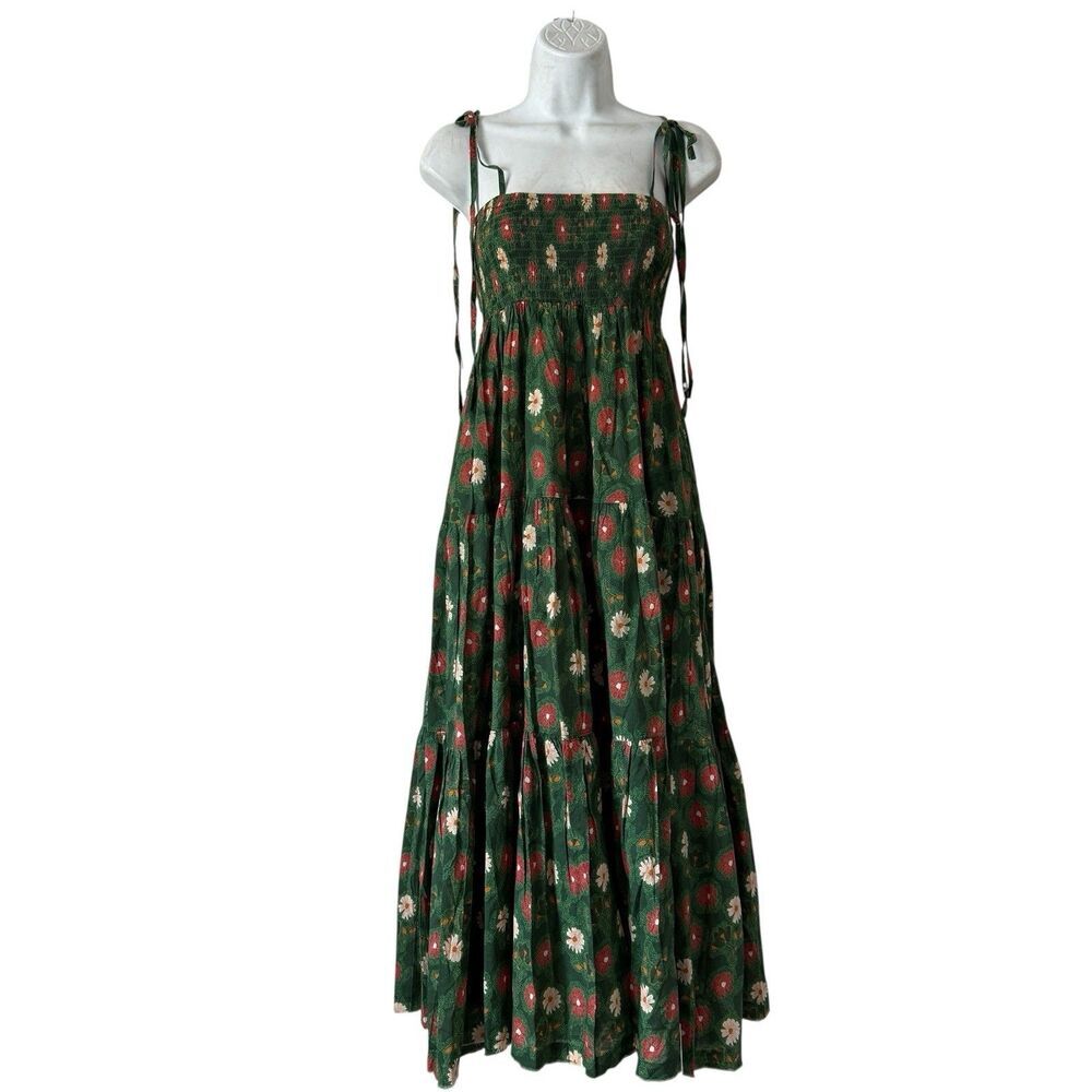 Talulah Floral Smocked Tiered Maxi Sundress Dress Womens XS Green Tie Straps